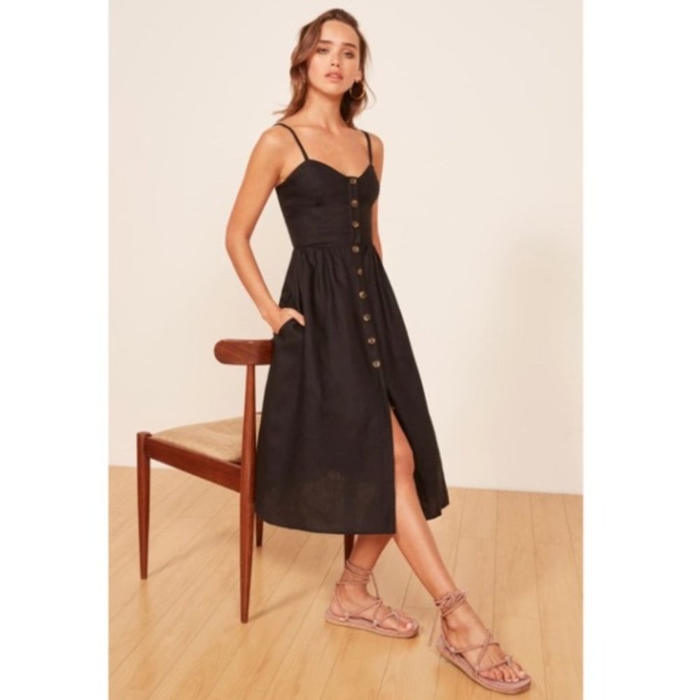 Reformation Black Thelma Linen Midi Dress Sz 0 NWT